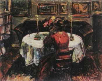 Interior scene with woman at table by 
																	Mogens Gad