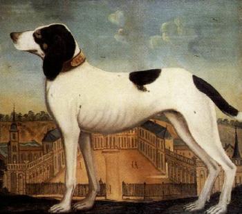 Celebrated hound arrayed in front of a South German palace by 
																	 English Primitive School
