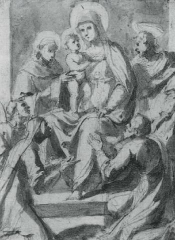 Madonna and Child adored by five saints by 
																	Giovanni de Vecchi