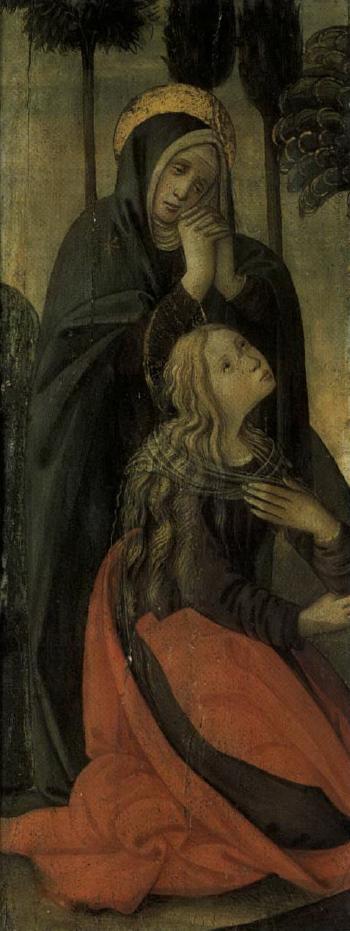 Madonna and Mary Magdalene at the Cross. St.John Evangelist by 
																			 Tuscan School