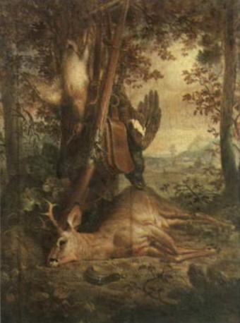 Still life of wild fowl and roe deer by 
																	P Ecke