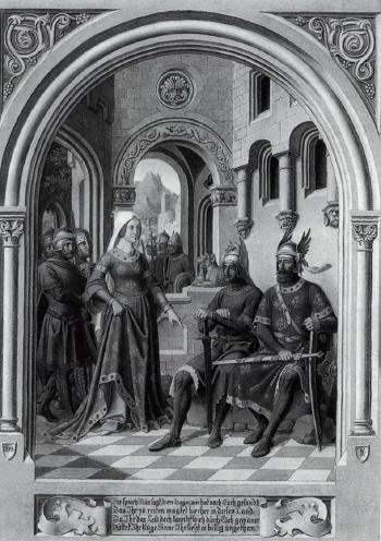 Medieval Princess, knights, probably from 'Nibelungenlied' by 
																	Karl Ballenberger