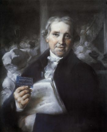 Porter holding an exhibition ticket, the stairs of the Royal Academy behind by 
																	John Russell