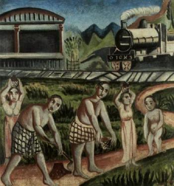 Landscape with train and farm labourers by 
																	Justin Pieris Daraniyagala