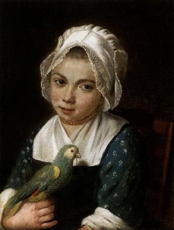 Young girl holding a green parrot by 
																	Antoine Raspal
