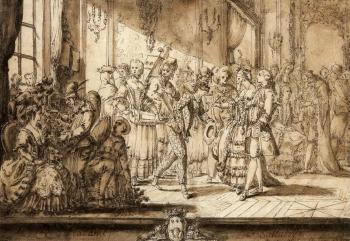 Masked ball, with harlequin in the foreground. Figure and architecture by 
																	Louis-Felix de la Rue