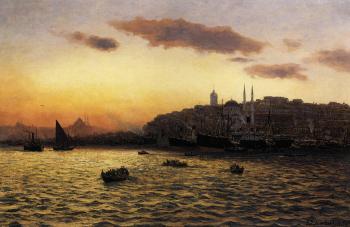Boats passing the waterfront of, Karakoy below the Galata Tower, Constantinople by 
																	Themistocles von Eckenbrecher