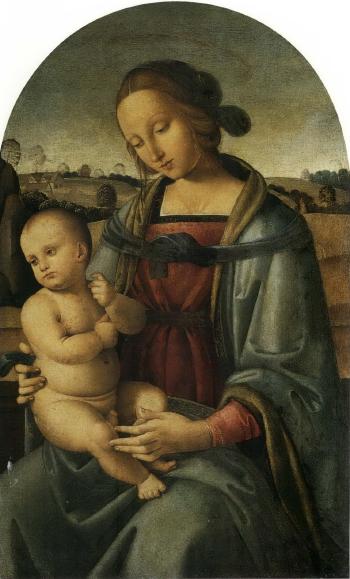 Madonna and Child in a landscape by 
																	Andrea l'Ingegno
