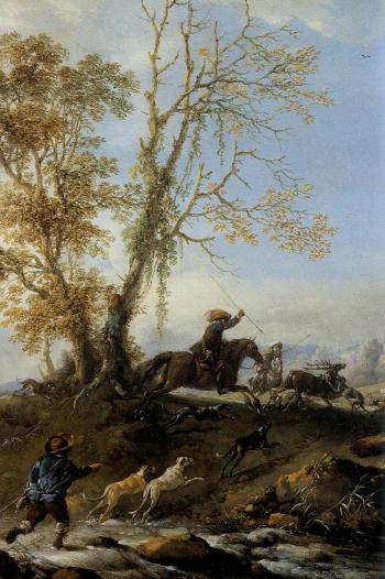 Landscape with stag hunt in full cry, fording a stream by 
																			Philips Wouwerman