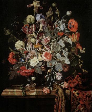 Still life of flowers in a glass vase on a marble ledge by 
																	Hendrik de Fromantiou