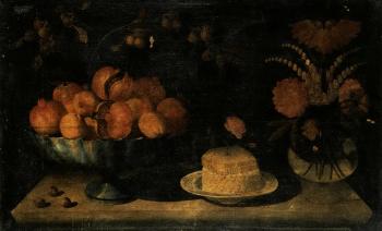 Still life of a bowl of fruit, cheese honeycomb and rose on a dish with flowers in vase by 
																	 Pseudo Hiepes