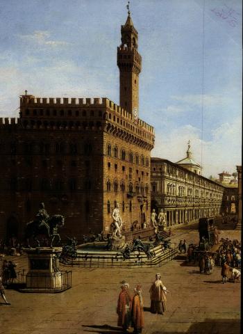 Florence, view of the Piazza della Signoria and figures gathered round a puppet show by 
																			Giuseppe Zocchi