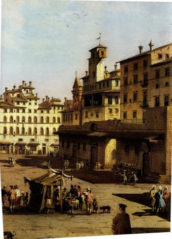 Florence, view of the Piazza della Signoria and figures gathered round a puppet show by 
																			Giuseppe Zocchi