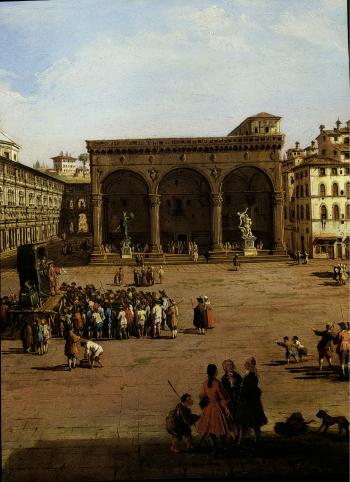 Florence, view of the Piazza della Signoria and figures gathered round a puppet show by 
																			Giuseppe Zocchi