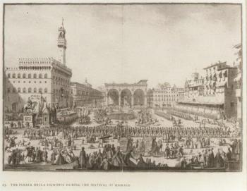 Florence, view of the Piazza della Signoria and figures gathered round a puppet show by 
																			Giuseppe Zocchi