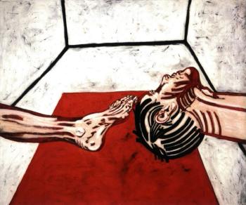 White room, head, leg and red table by 
																	Tony Bevan