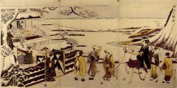 Travellers in snowclad landscape by 
																	Hosoda Eiri