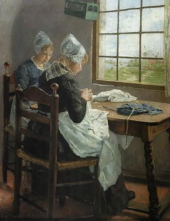 Dutch seamstresses in the sewing room by 
																	Fritz von Uhde