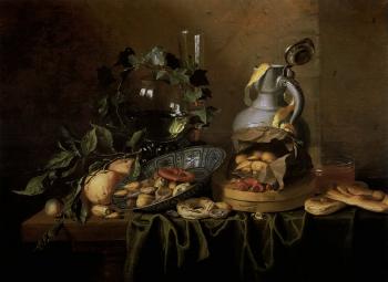 Still life of roemer, flute, jug, nuts in porcelain bowl on table by 
																	Johannes Hannot