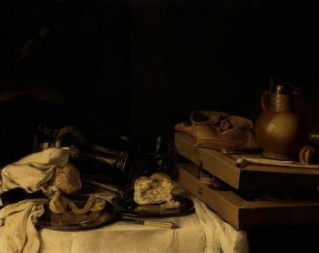 Still life of box of draughts, clay brazier of burning coals by 
																	Franchoys Elout
