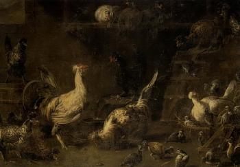 Bantam cockerels and hens with their chicks in chicken shed by 
																	Adriaen van Utrecht