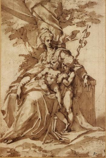 Madonna and Child seated against a huge tree, with St. John the Bapti st by 
																	Jacopo Zanguidi