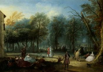 Fete champetre with elegant figures resting and horsemen riding by a wood by 
																			Francois Octavien