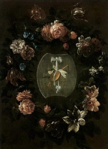Garland of flowers encircling a lute and cornet tied with a white ribbon by 
																	Antoine Ferdinand Redoute