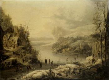Frozen lake in a mountainous landscape with figures skating near a village by 
																	Johann Christian Vollerdt