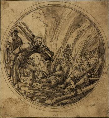 Design for a glass roundel, emperor Maxentius ordering the burning of the fifty wise men by 
																	Albrecht Altdorfer
