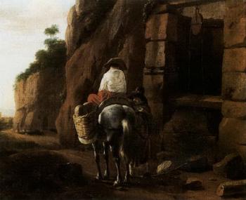 Travellers on horseback resting beside a well by 
																	Adrien van Eemont
