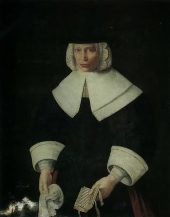 Portrait of Dorothy Coffin wearing a black dress and hat, holding a book by 
																			 P M