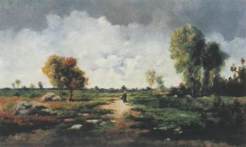 Extensive landscape with figures by 
																	Henri-Charles Trouville