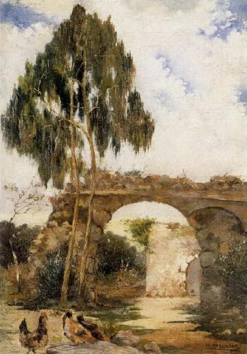 Paisaje con puente en ruinas y gallinas by 
																	Manuel Abelenda