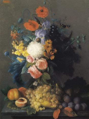 Composition with flowers and fruit by 
																	H de Laforce