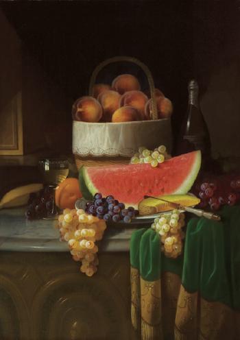 Fruit and wine on a marble tabletop by 
																	Carducius Plantagenet Ream