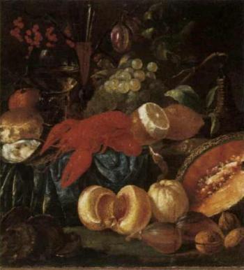 Still life of lobster, fruit, nuts, oysters and bread by 
																	Jacob Caproens