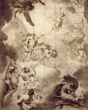 Design for a ceiling decoration with Apollo and allegorical figures by 
																	Pietro Fancelli