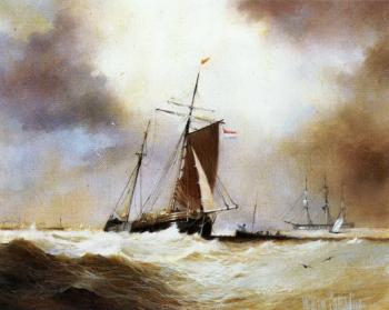 Dutch barges on the Scheldt by 
																	William Calladine