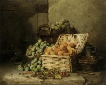 Still life of peaches and apples in a basket by 
																	Albert Patte