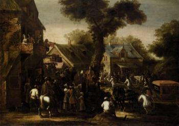 Crowded village scene with a messenger reading a proclamation by 
																	Jan Karel van Eyck