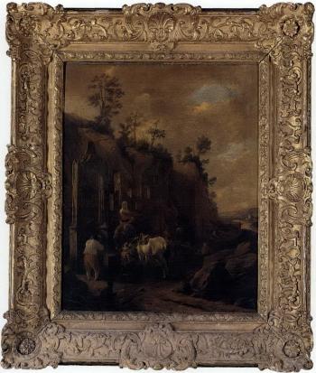Italianate landscape with drovers and travelers resting beside a well by 
																	Adrien van Eemont