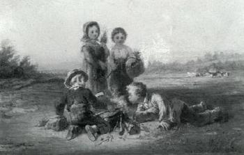 Children lighting a campfire by 
																	Robert Favelle