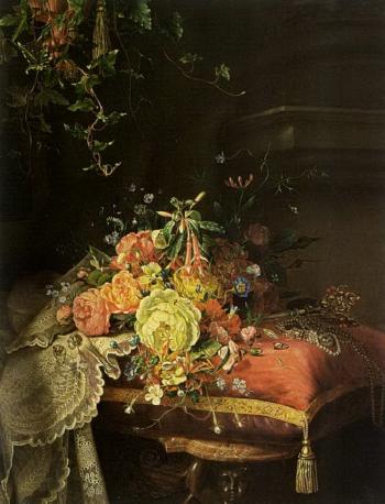 Still life with flowers, lace and jewellery by 
																	Dirk Jan Hendrik Joosten