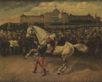 Military parade in North Italy with a Hussar leading a grey horse by 
																	Wilhelm Emele