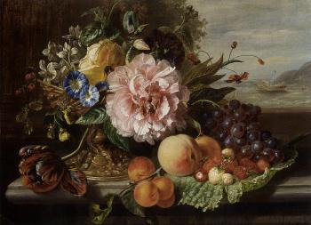 Still life with flowers and fruit by 
																	Helen Augusta Hamburger