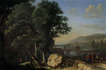 Itailianate landscape with figures, man on a donkey and fishermen near a river by 
																	Herman van Swanevelt