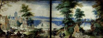 Panoramic hilly landscape with view of Antwerp by 
																	Johann Jakob Vollweider