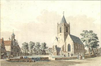 View of the townhall, market-place and church of Vlaardingen by 
																	Cornelis Pronk