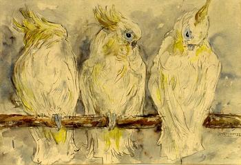 Three parrots on a perch by 
																	Johannes Christoffel van Reekum